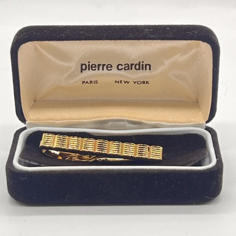 Vintage Pierre Cardin Gold Tone Men's Tie Bar Clip Ribbed Original Case Signed